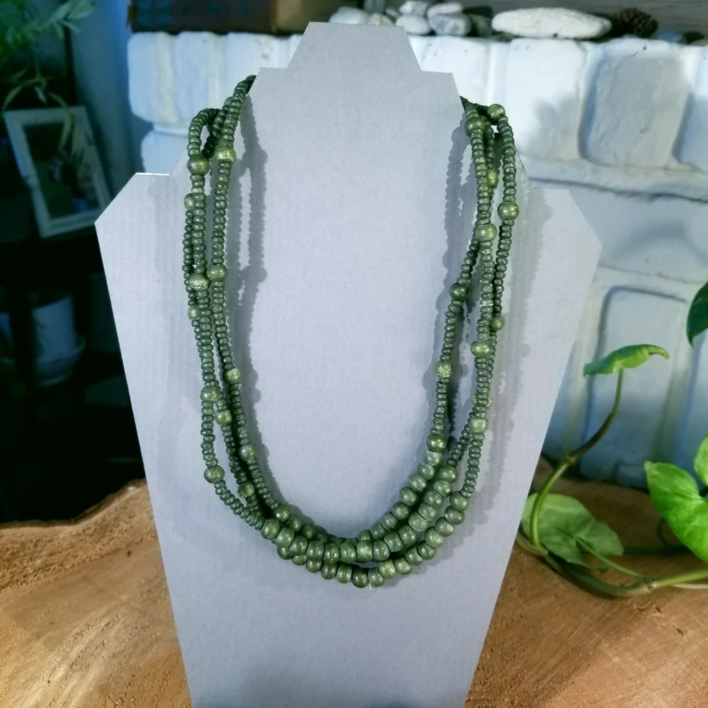 Olive Wood Bead 3 strand necklace - Picture 4 of 5